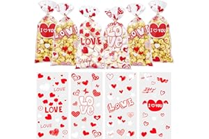 LHOCM Valentines Cellophane Treat Bags, Valentines Candy Bags, 100 PCS Valentines Goodies Bags, Valentines Plastic Bags with 110pcs Gold Ties, Valentines Gift Bags for Valentines Day Party Favor Supplies
