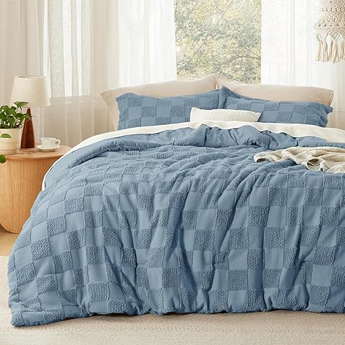 Bedsure Boho Kids Duvet Cover King Size（Duvet Insert/Comforter not Included - Checkered King Duvet Cover for All Seasons, Soft Shabby Chic Boho Bedding (Blue, 104" x 90")