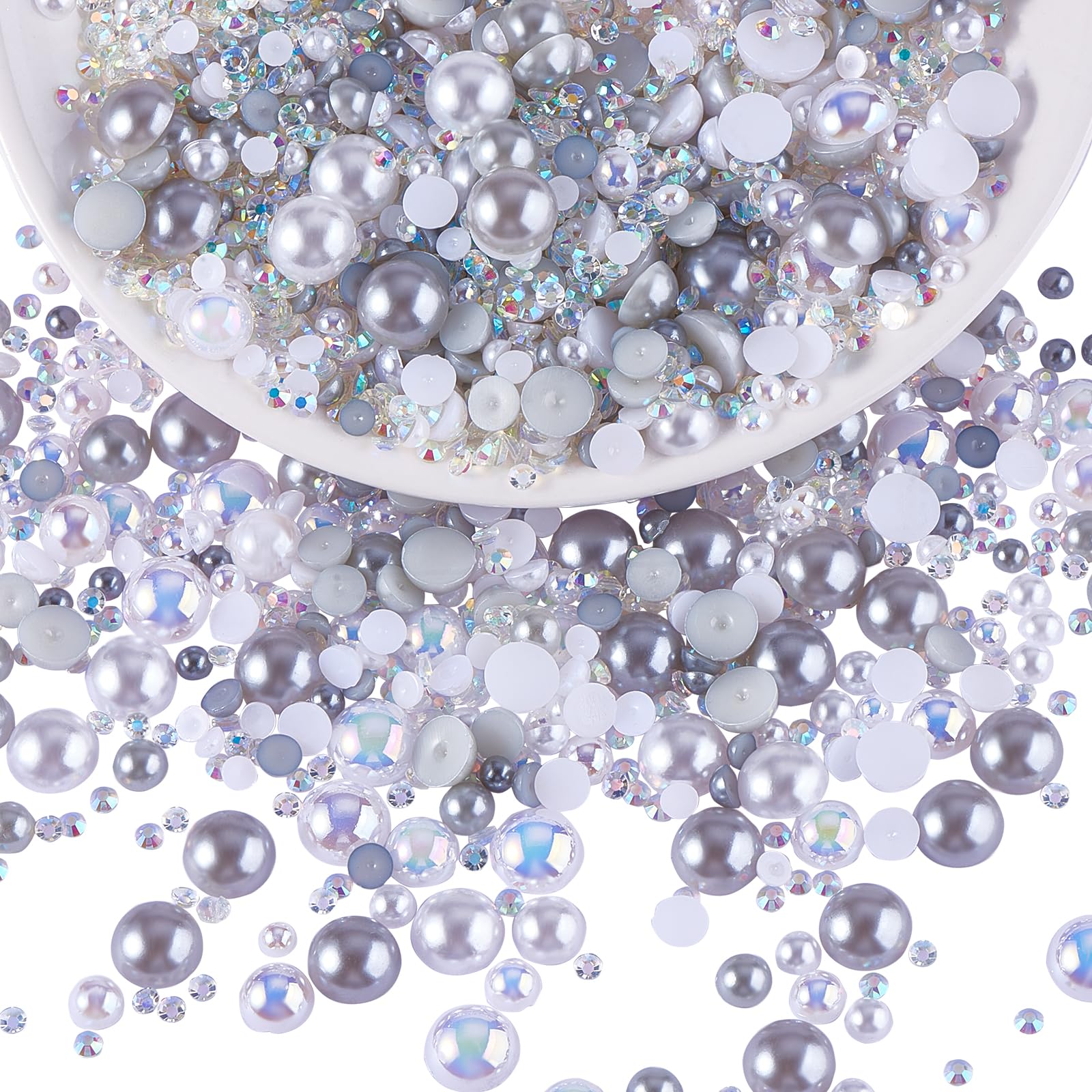 BEEFLYING 60g Mix Flatback Pearls & Resin Rhinestones Half Round Pearl Beads for Crafts 3mm-10mm Half Pearl Rhinestone for Face Art Tumblers Bottles Clothes Gift Card Jewelry Decor(Off-white)