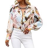 BTFBM Women Fashion Button Down Shirts 2026 V Neck Boho Printed Long Sleeve Blouses Dressy Casual Spring Fall Tops