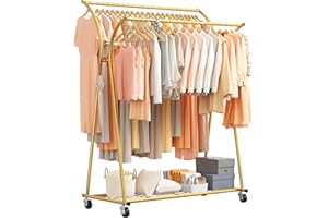 Raybee Clothing Rack with Wheels Heavy Duty Clothes Racks for Hanging Clothes 270LBS Gold Portable Clothes Rack Double Rod Garment Racks 69''H*52''W*20''D