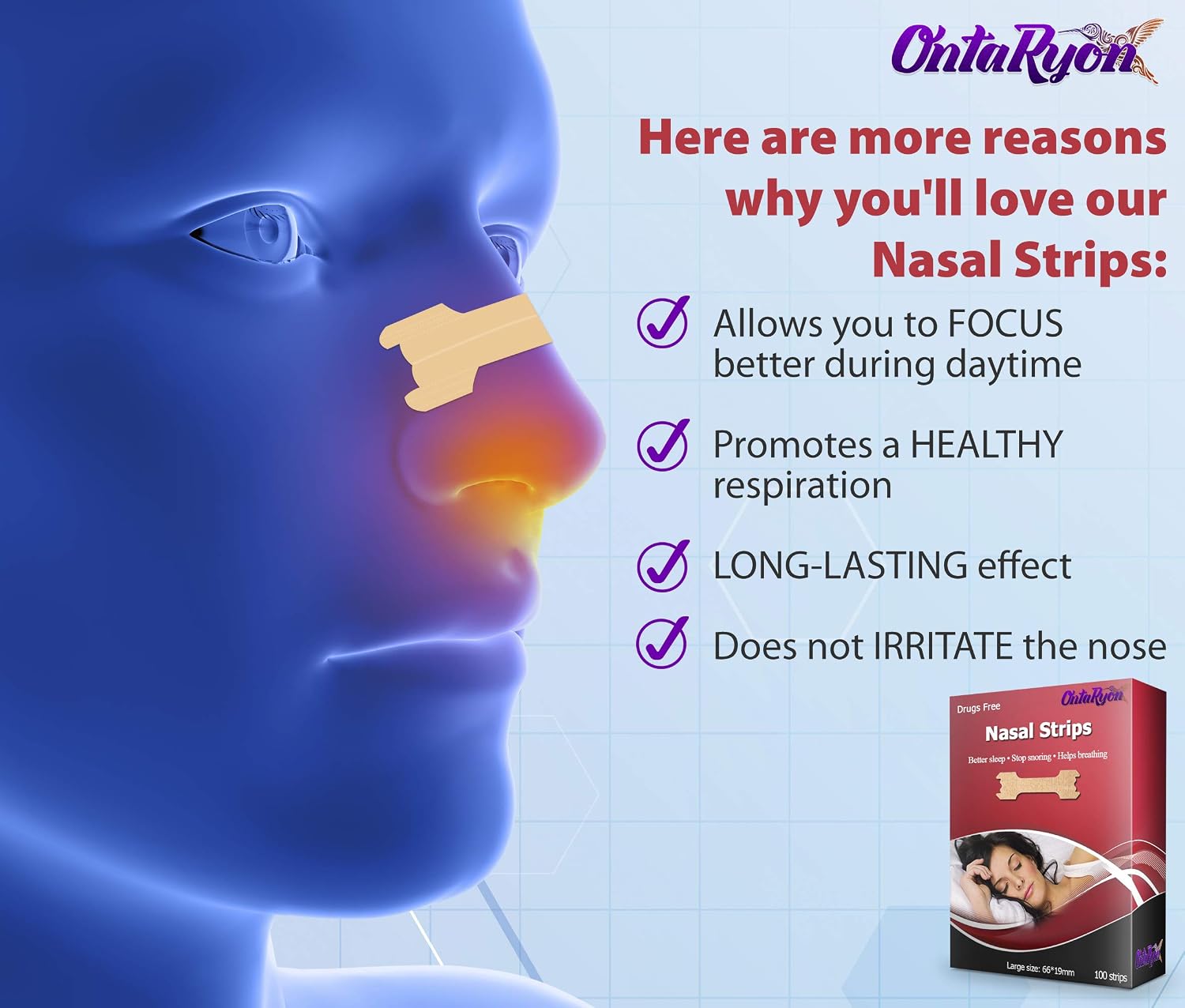 OntaRyon Nasal Strips (x100 Large), Snore Reducing Aids for Men and Women Helps Stop Snoring, Anti Snore Devices - Image 4