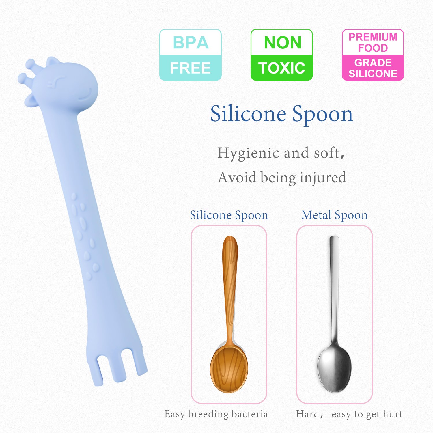 Kitdine Baby Spoons Silicone Giraffe Spoon BPA Free for Baby Feeding and Infant Weaning Teething Toys Training Forks Spoons Set of Two (Blue&Yellow)