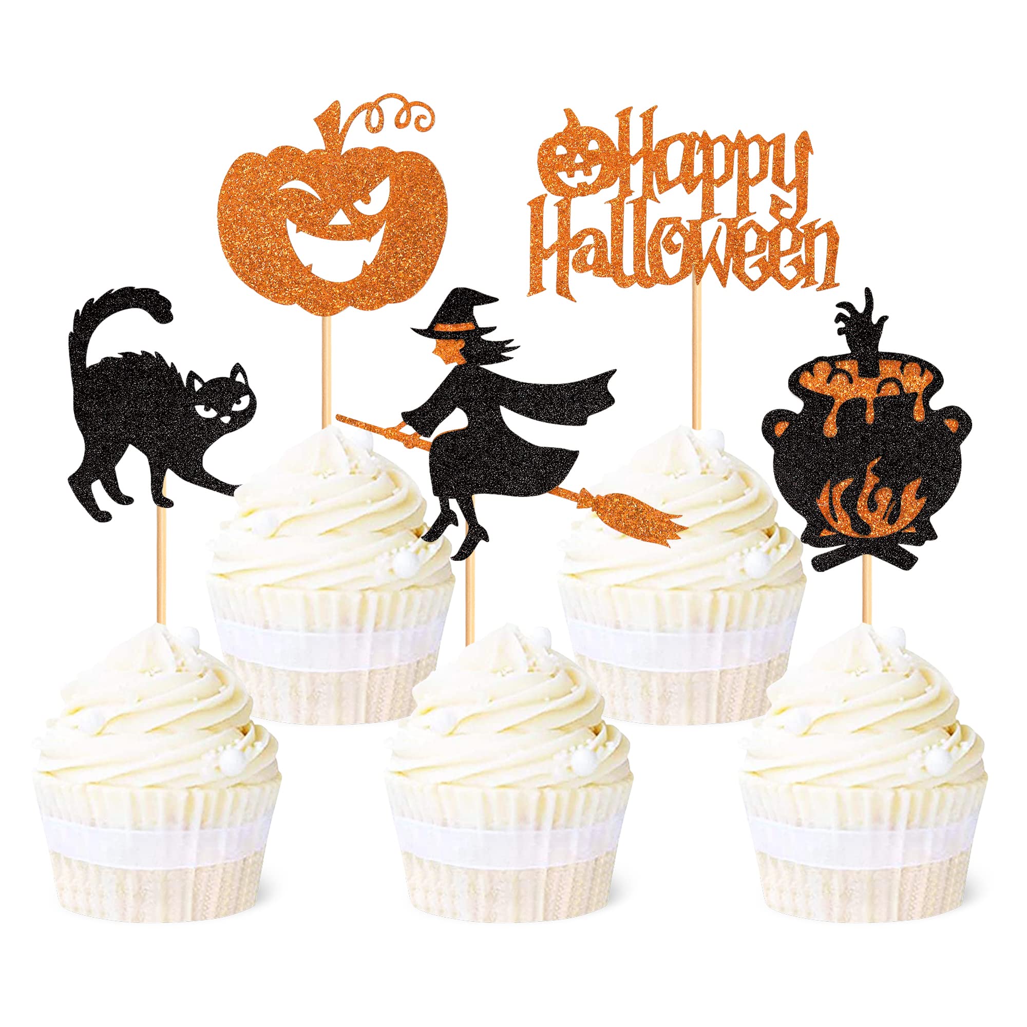Blumomon 25Pcs Halloween Cupcake Toppers - Glitter Witch, Pumpkin, Cat Cupcake Picks - Decorations for Baby Shower, Kids Birthday Party Supplies