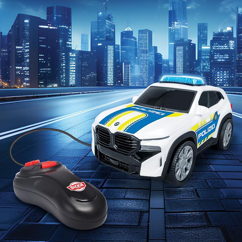 BMW XM Police Racer 1:36 13 cm, Voiture de Police télécommandée pour Enfants à partir de 3 Ans, télécommande par câble, lumière, Virage Avant Droit, Marche arrière, Fonction Try Me
