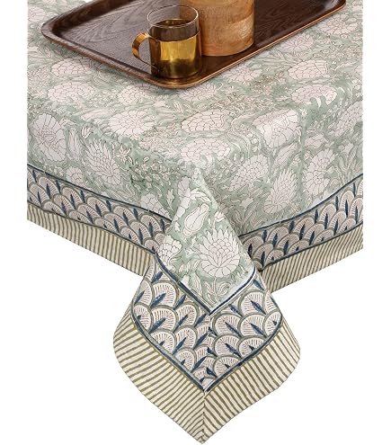 ATOSII Jade 100% Cotton Rectangle Summer Tablecloth, Block Print Flo-573230
