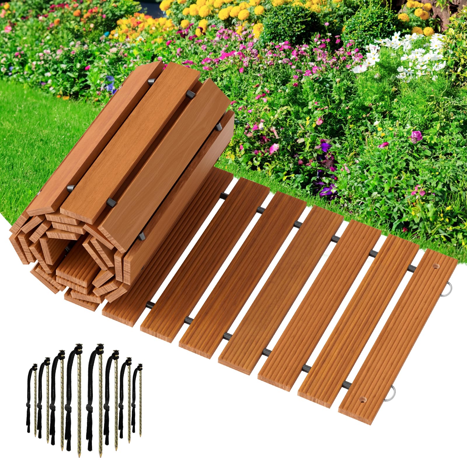 Photo 1 of Amazer Wooden Garden Pathway Pavers for Outside,8.5FT Roll Out Walkway Widened Plank Non-Slip Outdoor Patios Walkway Straight Path with 8 Stakes, Garden Lawn Boardwalk Backyard Walkway, Natural Color