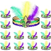 Sanwuta 12 Pcs Mardi Gras Feather Headband Sequins Glitter Hair Band for Masquerade 1920s Carnival Birthday Halloween Party (Classic Style)