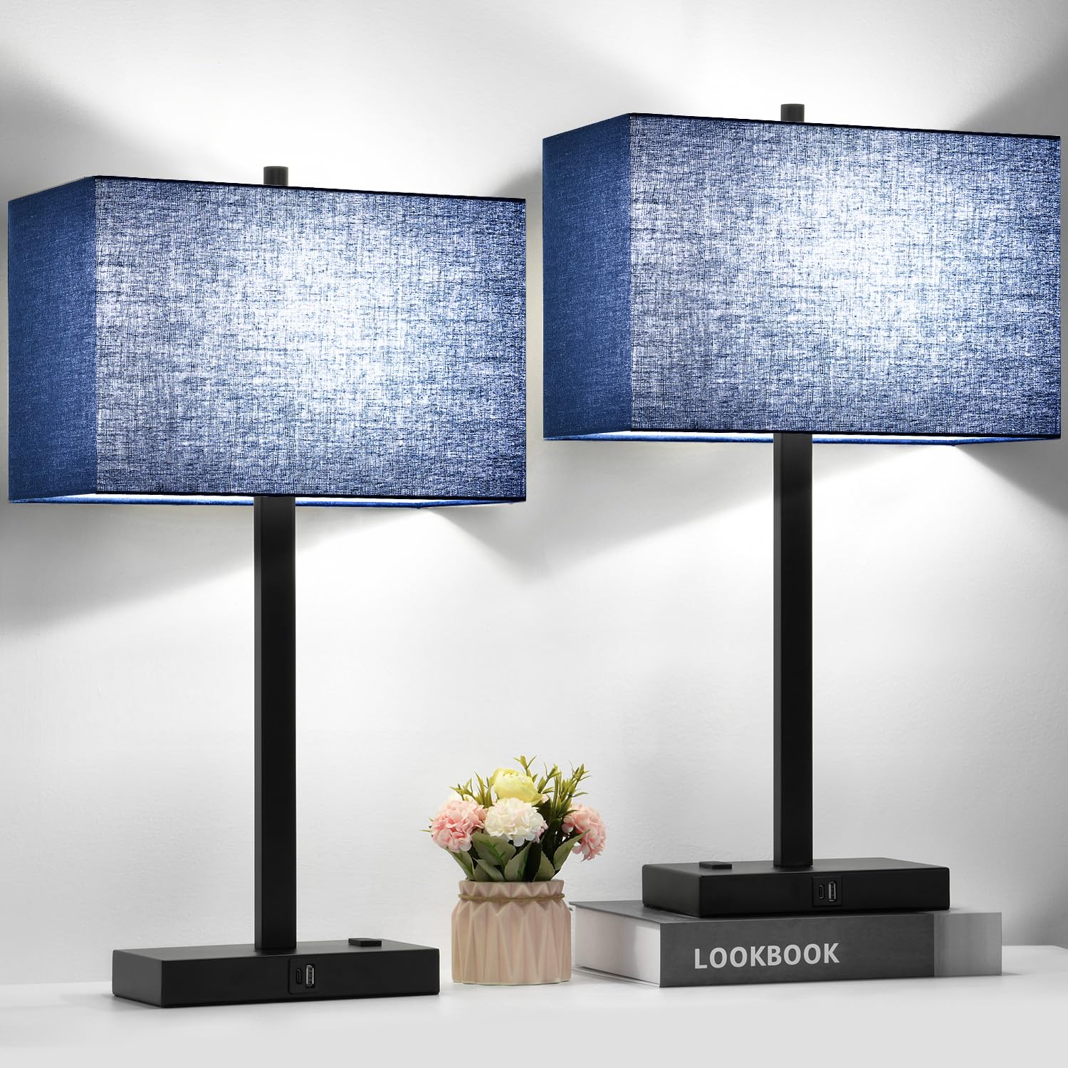 Lynnoland 21" Set of 2 Bedside lamp with USB A+C & AC Outlets, Touch Control 3-Way Dimmable Nightstand Lamps for Bedroom Living Room Office Reading, Blue Shade Touch Lamps, 5000K LED Bulbs Included Image