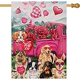 Dyrenson Valentine's Day Pink Rose Flower Red Truck Dogs Decorative House Flag, Floral Garden Yard Plaid Heart Outside Love Decoration, Spring Holiday Wedding Anniversary Outdoor Large Decor 28x40