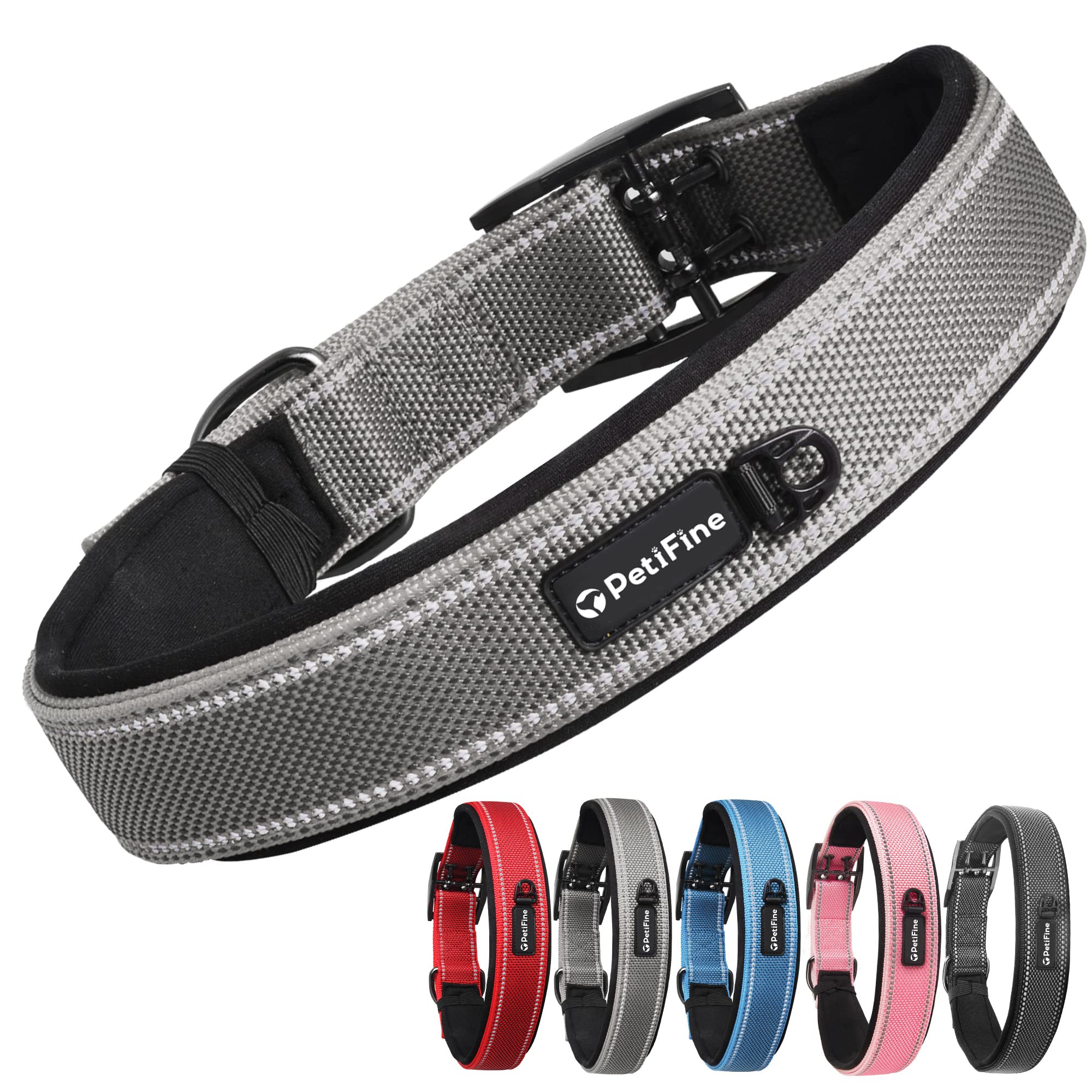 Photo 1 of PetiFine Dog Collar for Large Dogs, Neoprene Padded and Adjustable, Reflective Wide Heavy Duty Pet Collars with Durable Metal Belt Buckle for Walking, Grey, XL