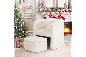 COLAMY Upholstered Sherpa Barrel Accent Chair with Storage Ottoman, Morden Living Room Chair, Armchair Single Sofa for Bedroom/Reading Spaces, Cream