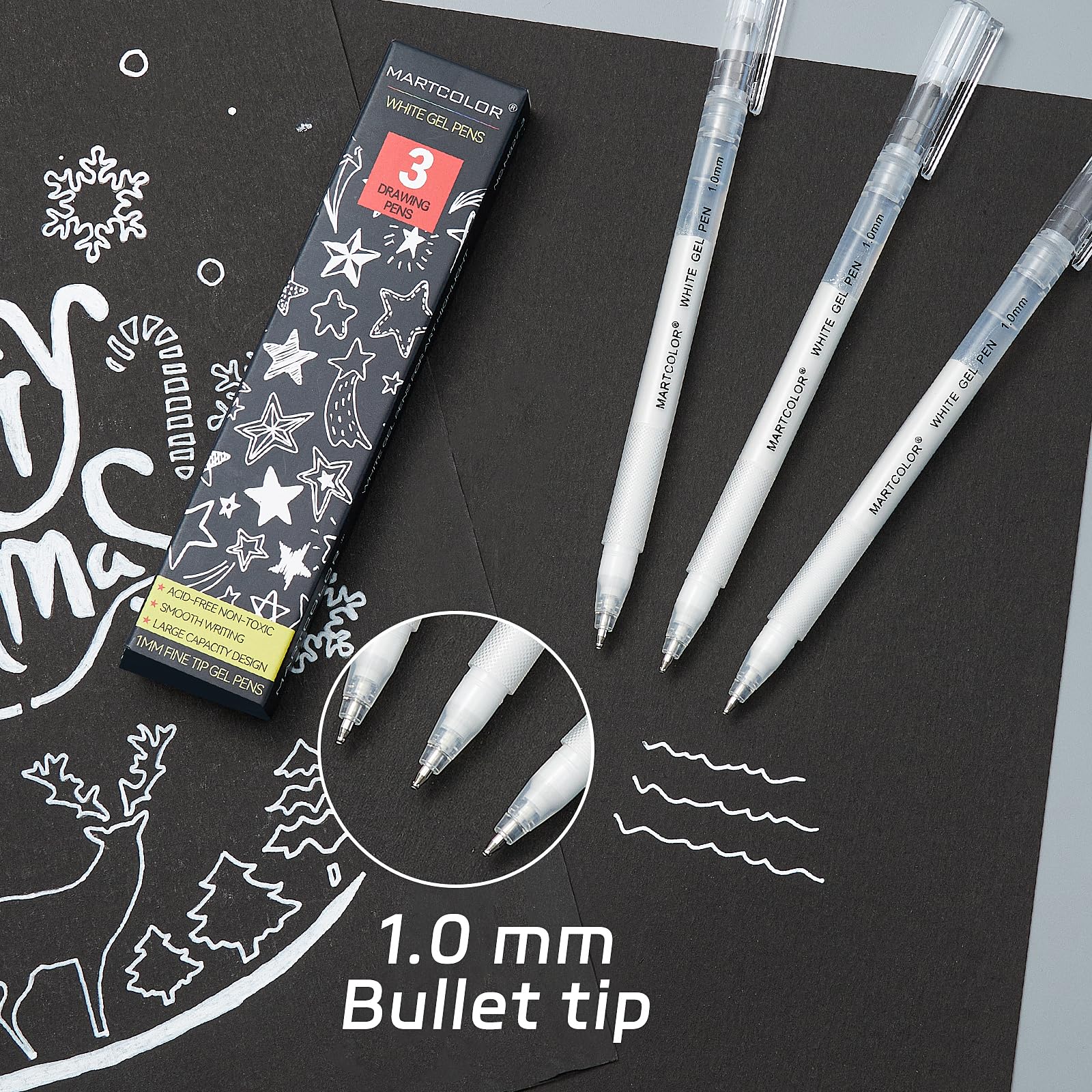 White Gel Pens, 1mm Fine Point Gel Ink Pen Opaque Archival Ink Pens for Black Paper Drawing, Sketching, Illustration, Card Making, Bullet Journaling, 3 Pack