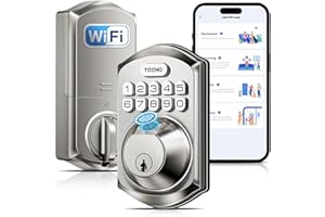 TEEHO TE012W WiFi Smart Lock, Fingerprint Door Lock with Built-in Wi-Fi, Keyless Entry Keypad Smart Deadbolt, App Remote Control, Alexa Compatible, IP55 Waterproof for Front Door – Satin Nickel