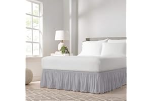 Easy FIT Pom Pom Elastic Wrap Around Bed Skirt, Easy On/Off Dust Ruffle (18 Inch Drop), Twin/Full, Grey