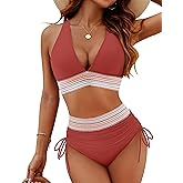 Blooming Jelly Women High Waisted Bikini Sets Tummy Control Swimsuits Color Block Two Piece Drawstring Bathing Suit