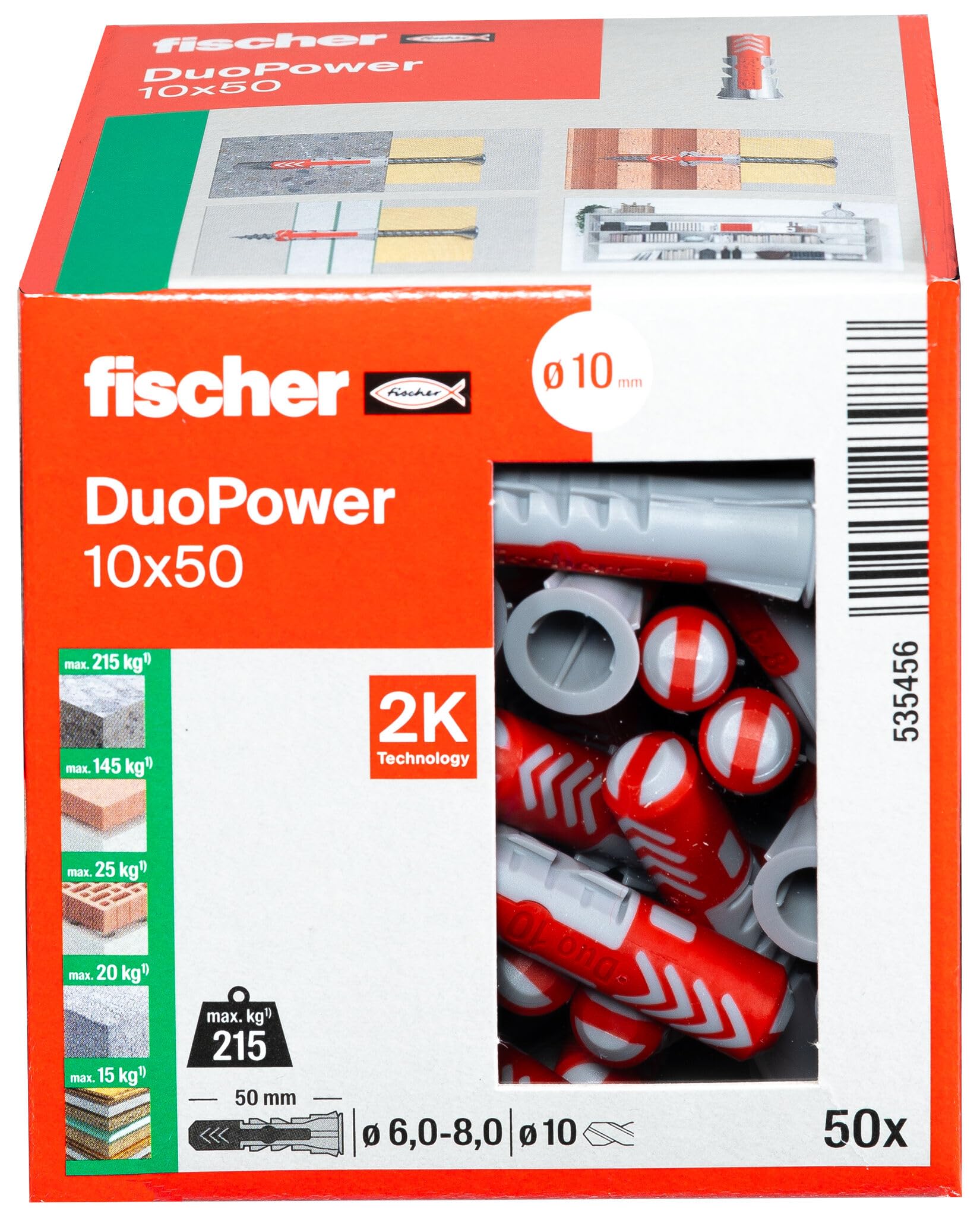 fischer DuoPower 10 x 50, Universaldübel, leistungsstarker 2-Komponenten-Dübel, Kunststoffdübel zur Befestigung in Beton, Ziegeln, Stein, Gipskarton uvm., ohne Schrauben, 50 Stück 2