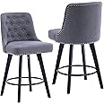 Chummaven Modern Swivel Bar Stools Set of 2, Upholstered Counter Stools with Tufted High Back and Wood Legs Kitchen Stools Rivet Trim for Home/Restaurant, Dark Grey