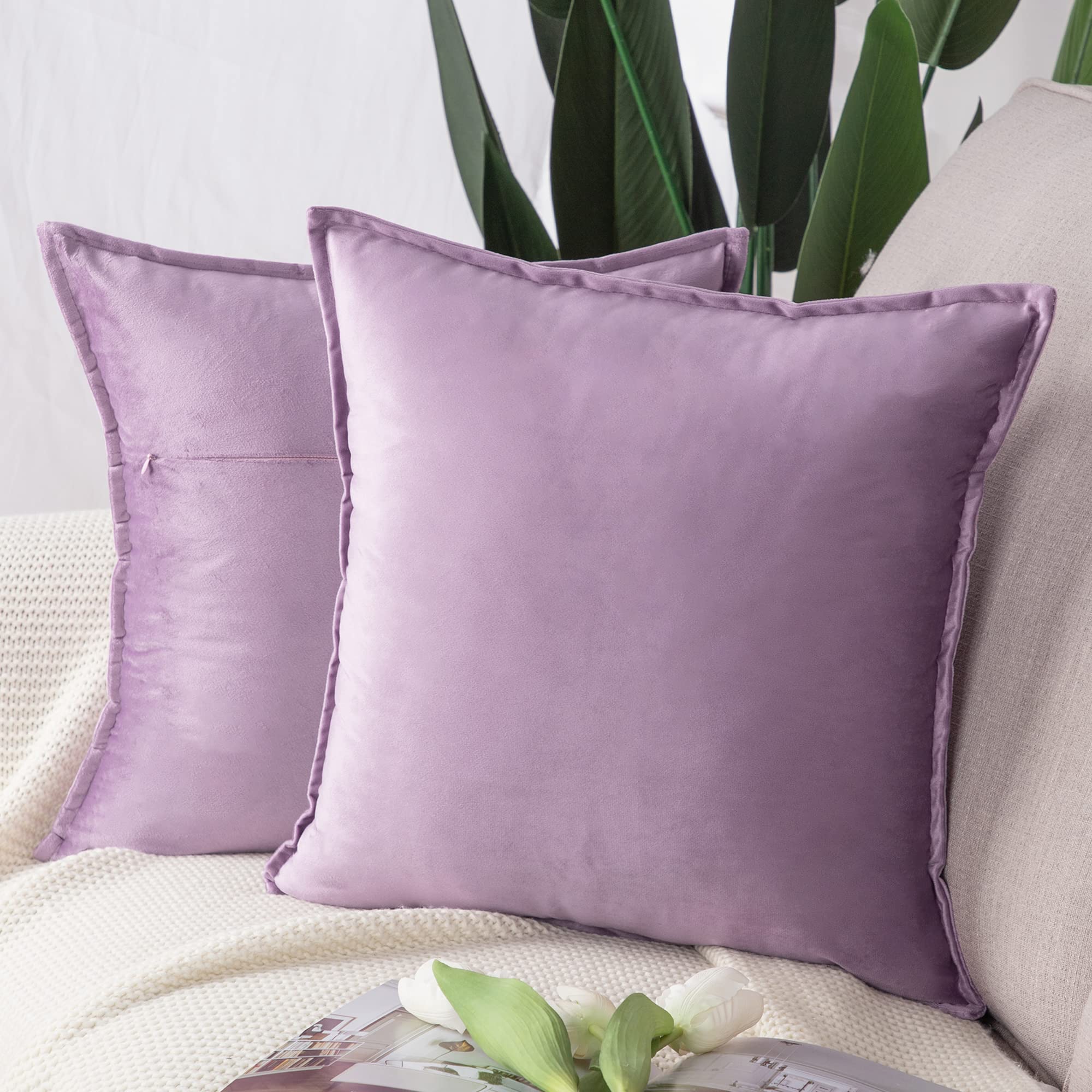 Madizz Pack of 2 Super Soft Velvet Decorative Cushion Covers with Fringe Luxury Style Cushion Case European Pillow Shell for Sofa Bedroom Square Violet 26x26 inch, 65x65 cm