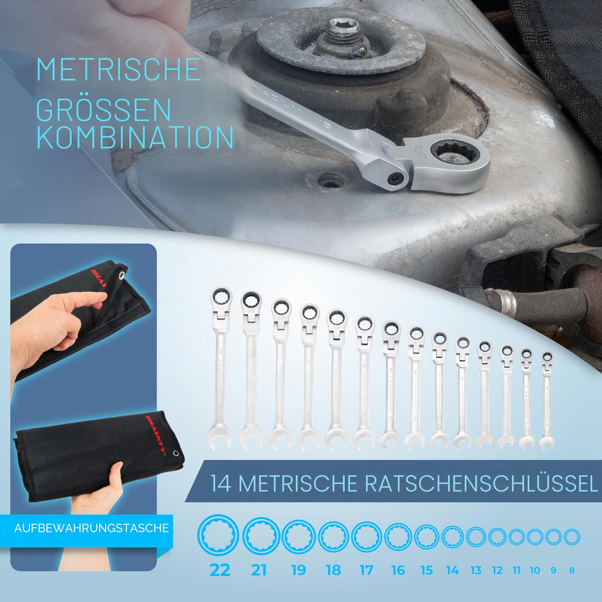HASKYY Gelenk-Ratschenringschlüssel Set 14 tlg 8–22 mm – Ring Maulschlüssel Set, Ratschenmaulschlüssel & Gabelschlüssel Ratsche aus Chrom-Vanadium-Stahl 4
