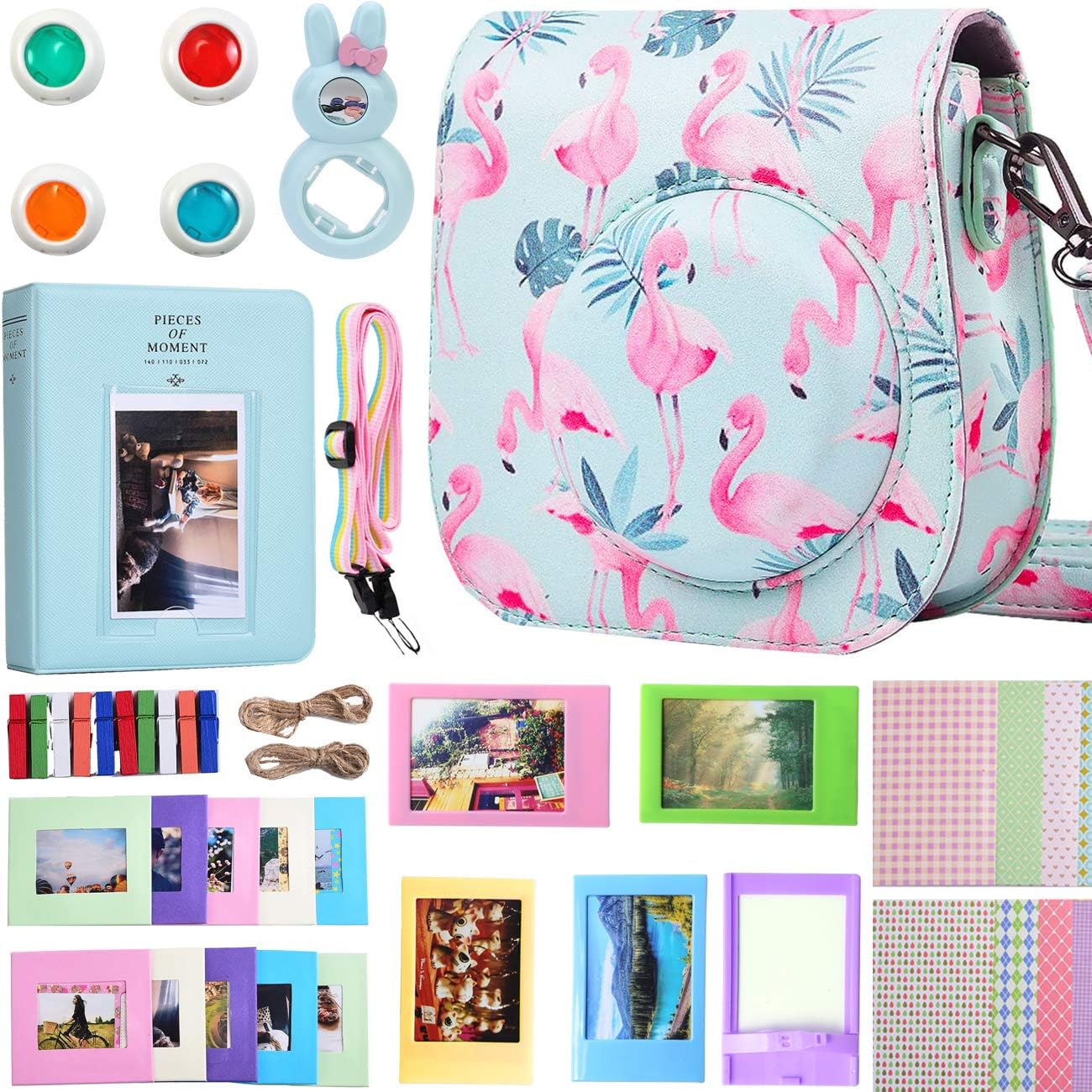 SAIKA Instant Camera Accessories Bundle Compatible with Fujifilm Instax Mini 9 8 8+, Include Case, Photo Album, Film Frame, Sticker, Strap and More - Flamingos