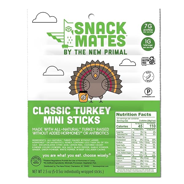SNACK MATES BY THE NEW PRIMAL, TURKEY STICK, ALL-NATURAL TURKEY, HIGH PROTEIN AND LOW SUGAR KIDS SNACK, CERTIFIED PALEO, CERTIFIED GLUTEN-FREE, LUNCHBOX FRIENDLY, 0.5 OZ, PACK OF 5