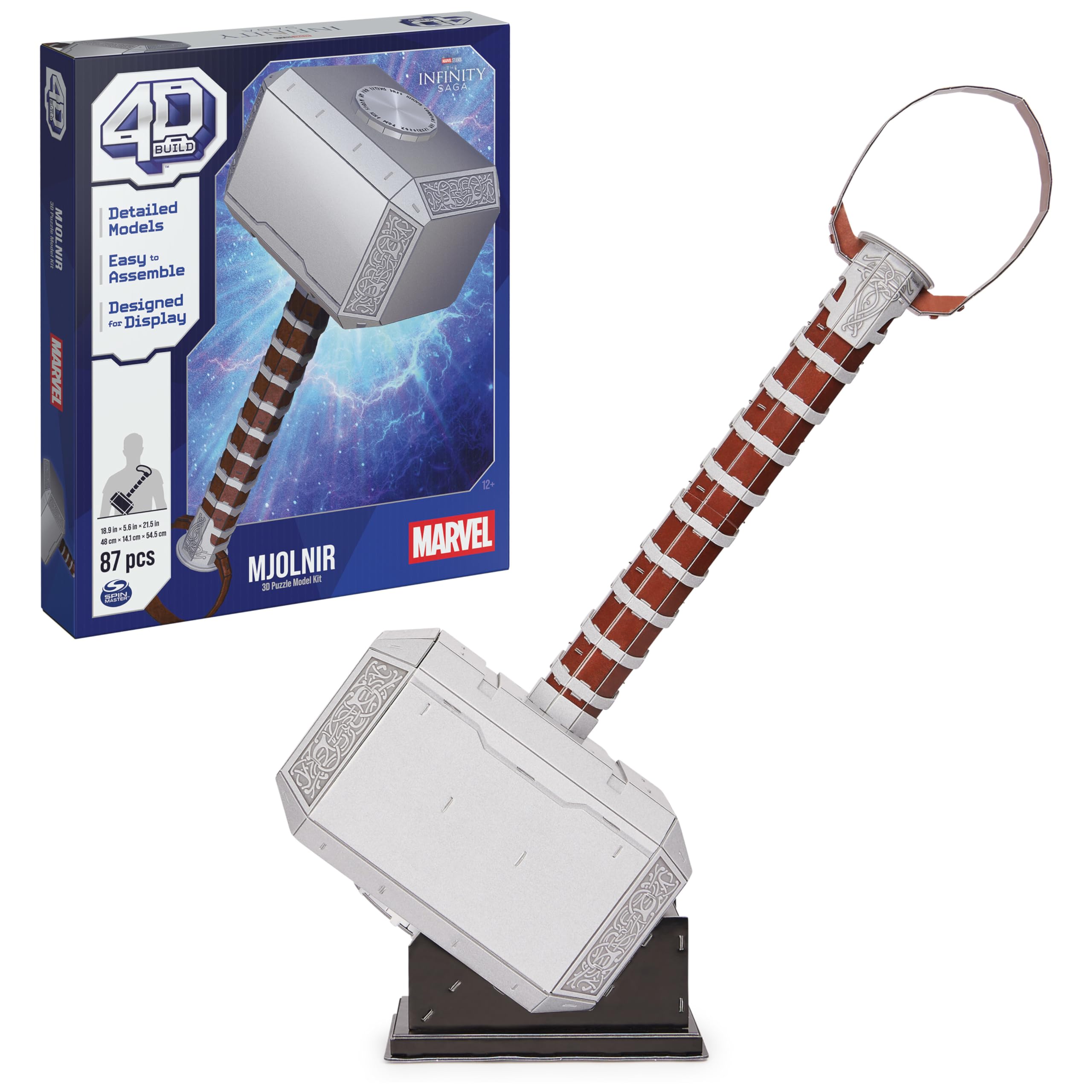 4D Build, Marvel Mjolnir Thor Hammer 3D Puzzle Model Kit with Stand 87 Pcs | Thor Desk Decor | Building Toys | 3D Puzzles for Adults & Teens 12+