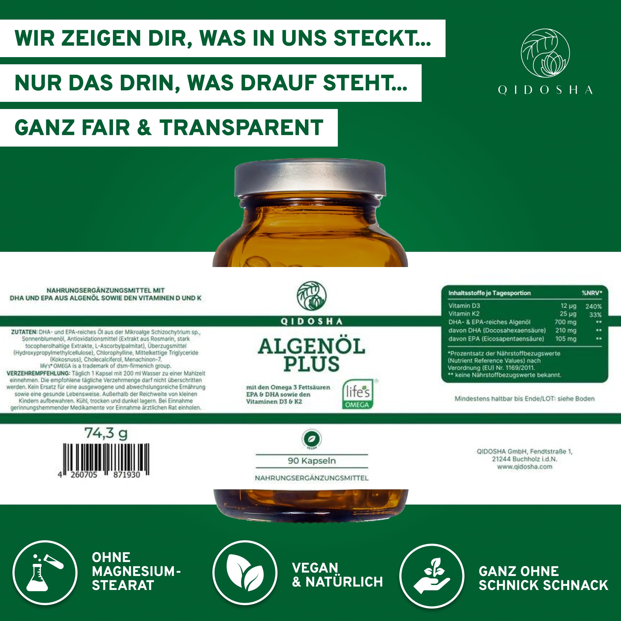 QIDOSHA® Omega 3 Algenöl Kapseln plus Vitamin D3 und K2 mit dem Markenrohstoff "Life's Omega" von DSM aus den Niederlanden, 90 vegane Kapseln im Apothekerglas 3