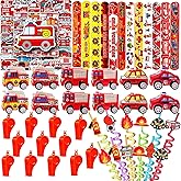 Fire Truck Party Favors Set - 110 Pcs with Firefighter Stickers, Slap Bracelets, Drinking Straws & More for Firefighter Themed Birthday Party