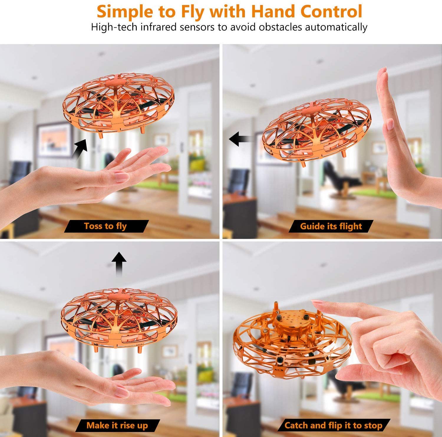 Autmor Mini UFO Drone Flying Toy Hand Operated Quadcopter Drones for Kids or Adults - Hands Free UFO Helicopter with 360° Rotating and Shinning LED Lights Easy Indoor Outdoor for Boys Girls - Gold