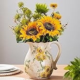 Sunflower Vintage Ceramic Yellow Floral Vase with Handle, Chinoiserie Floral Pitcher Vase, Rustic Ceramic Farmhouse Vases for Home Decor, Living Room, Bookshelf, Office, Grand Millennial Decor 7.9 in