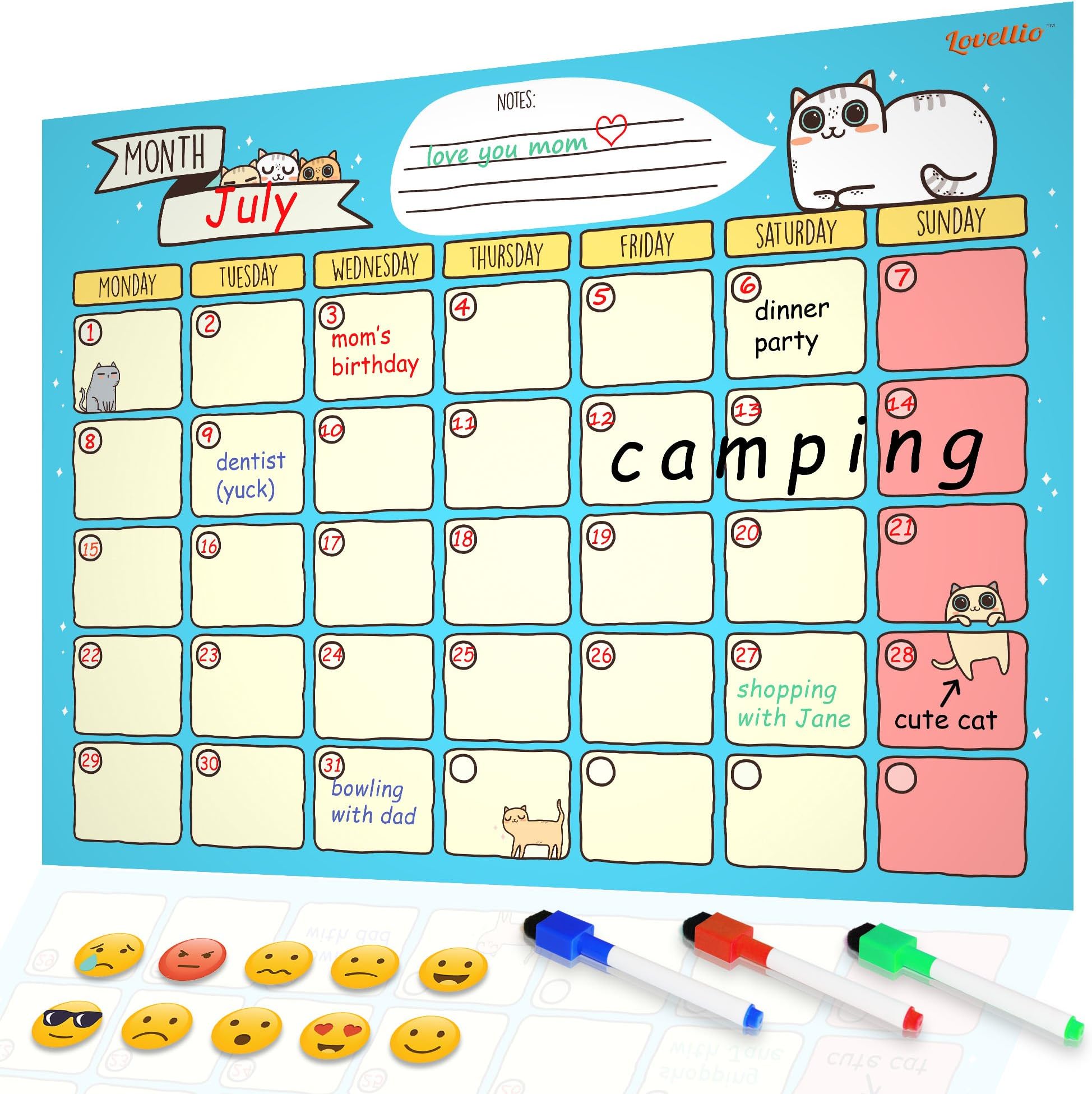 Lovellio Vintage Design Magnetic Dry Erase Calendar Whiteboard Planner, 16in x12in, Turquoise