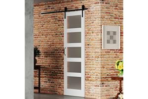 BARNER HOME 30in x 84in Sliding Barn Door, MDF, Primed, 5 Glass Panel,Need to Assemble, with 6.6ft Hardware, Handle and Floor Guide