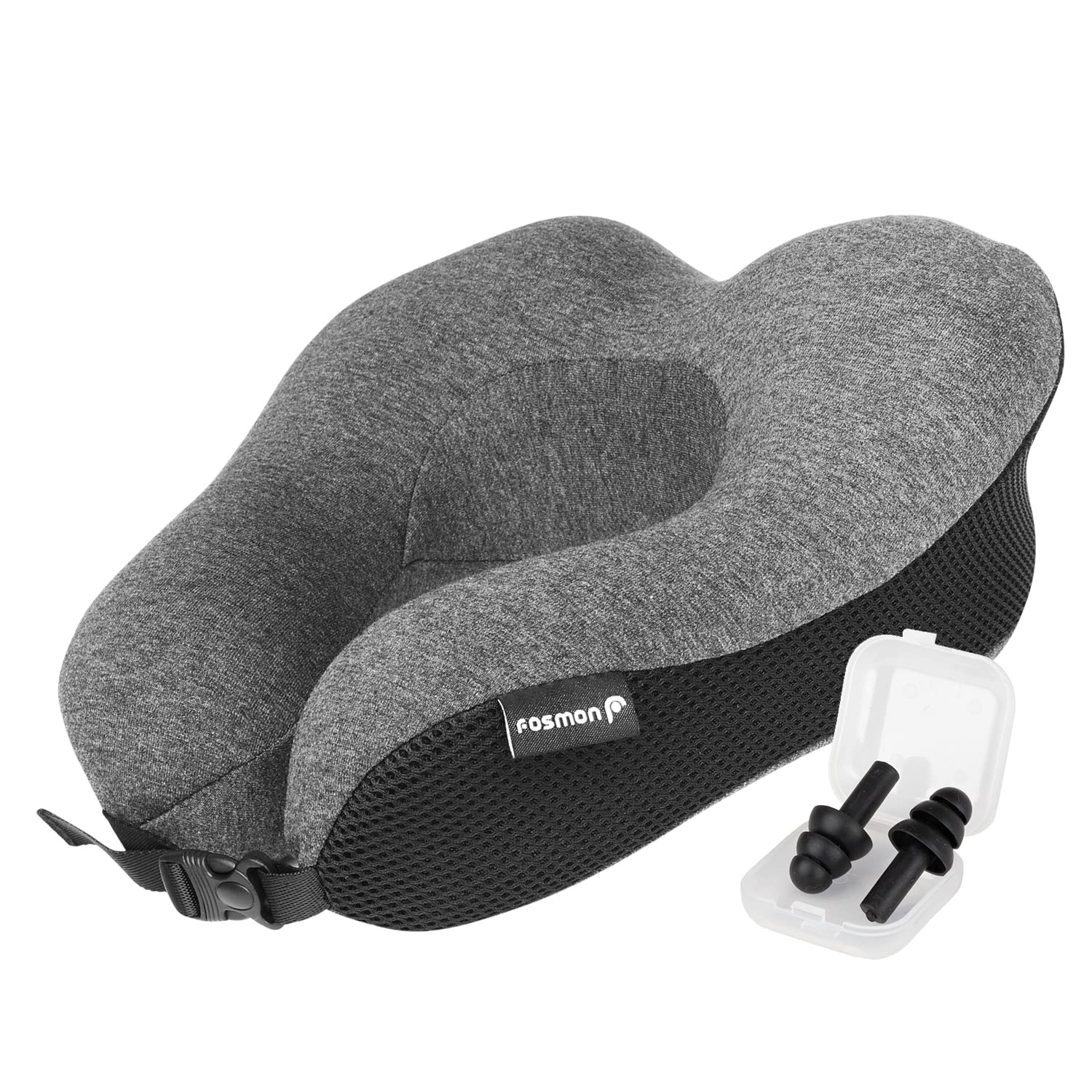 Fosmon Travel Neck Pillow with Earplugs & Storage Bag, Soft and Comfortable Memory Foam Cushion, Head & Chin Contour Support, Machine Washable 100% Cotton Cover for Traveling Flying Airplane Car Bus
