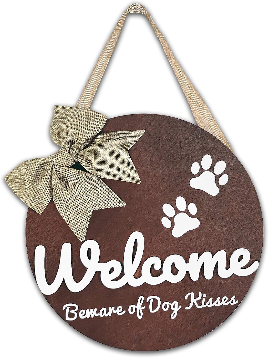 Welcome Sign Front Door Decor - Beware of Dog Kisses Welcome Wreaths for Front Door, Round Front Porch Decor with 3D Letter Design, Rustic Farmhouse Wall Hanging Vertical Door Decoration