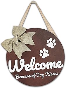 Welcome Sign Front Door Decor - Beware of Dog Kisses Welcome Wreaths for Front Door, Round Front Porch Decor with 3D Letter Design, Rustic Farmhouse Wall Hanging Vertical Door Decoration