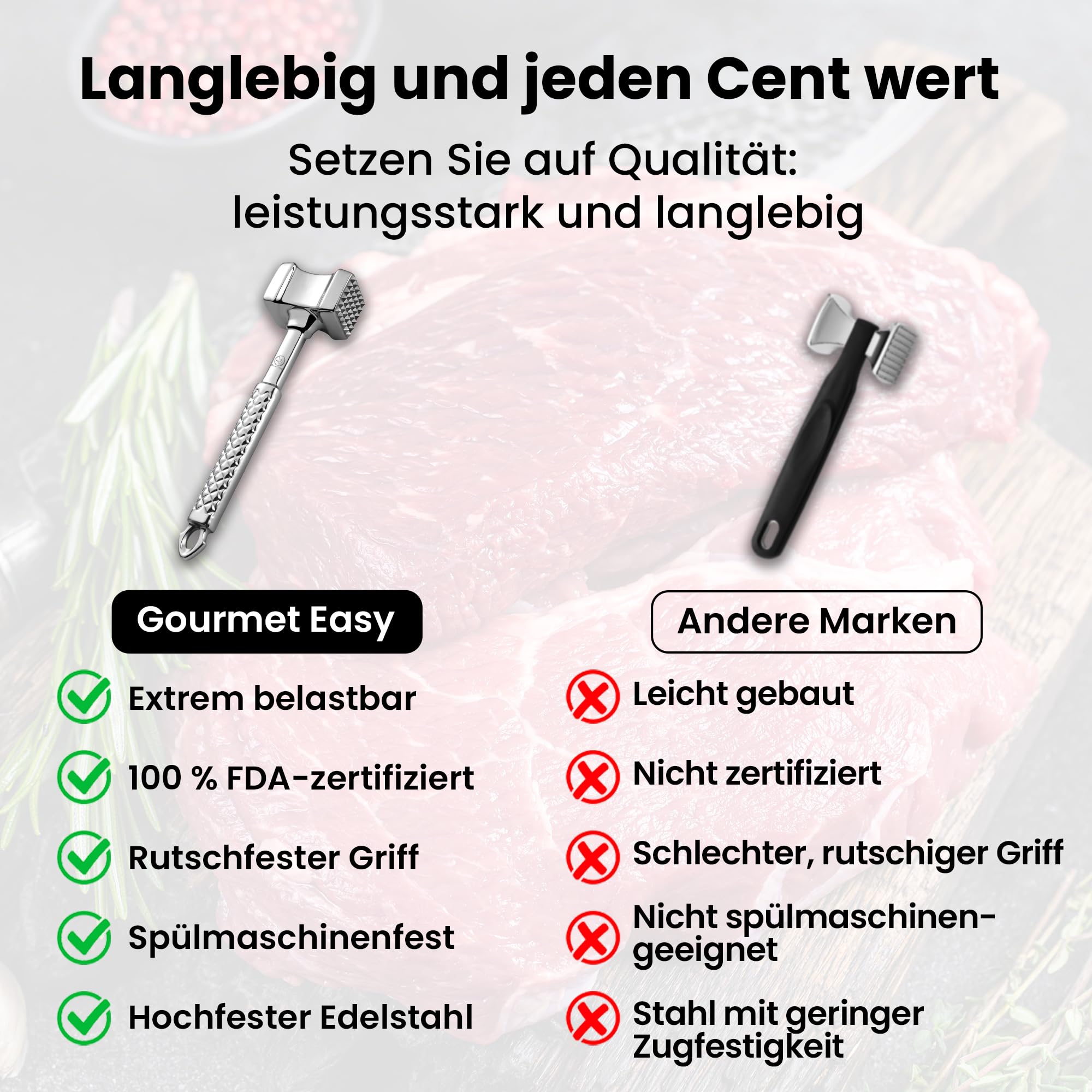 Fleischklopfer Edelstahl spülmaschinenfest - Original Design - Doppelseitiger Schnitzelklopfer ideal für Schnitzel, Koteletts, Steaks - Fleischhammer mit lebenslanger Garantie 7