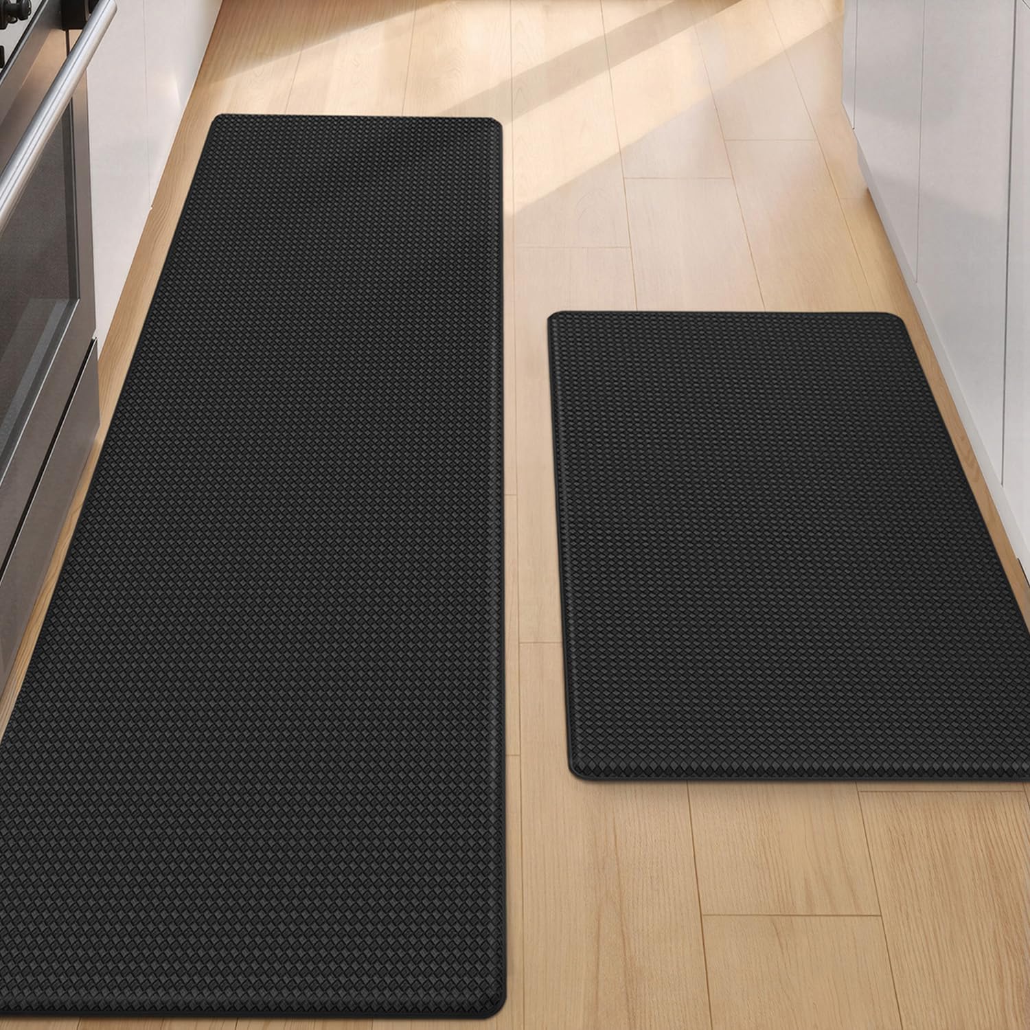 Color G 2 Piece Kitchen Mats Rug Set, Anti Fatigue Standing Mat Area Rugs Waterproof Leather, Non-slip, Oil Resistant Floor Mats for Kitchen, Office (44 x 75 cm + 44 x 150 cm, Black)