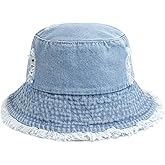 WULIQIUQIU Denim Bucket Hat for Women Ripped Sun Hat Outdoor Cap