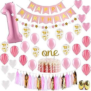 Baby Girl First Birthday Decorations - 1st Birthday Girl Decorations Pink and Gold Party Supplies - Happy First Birthday Banner, Number 1, Heart and Confetti Balloons, Premium ONE Cake Topper