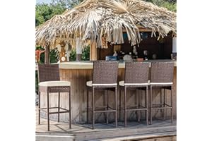 PATIO NOVAGARDEN Outdoor Bar Stools Wicker Woven Patio Stools & Patio Bar Chairs Set of 4 Counter Bar Height Stools with Footrest Armless Cushion Beige All Weather Rattan Garden Stool for Pool Lawn Porch Backyard