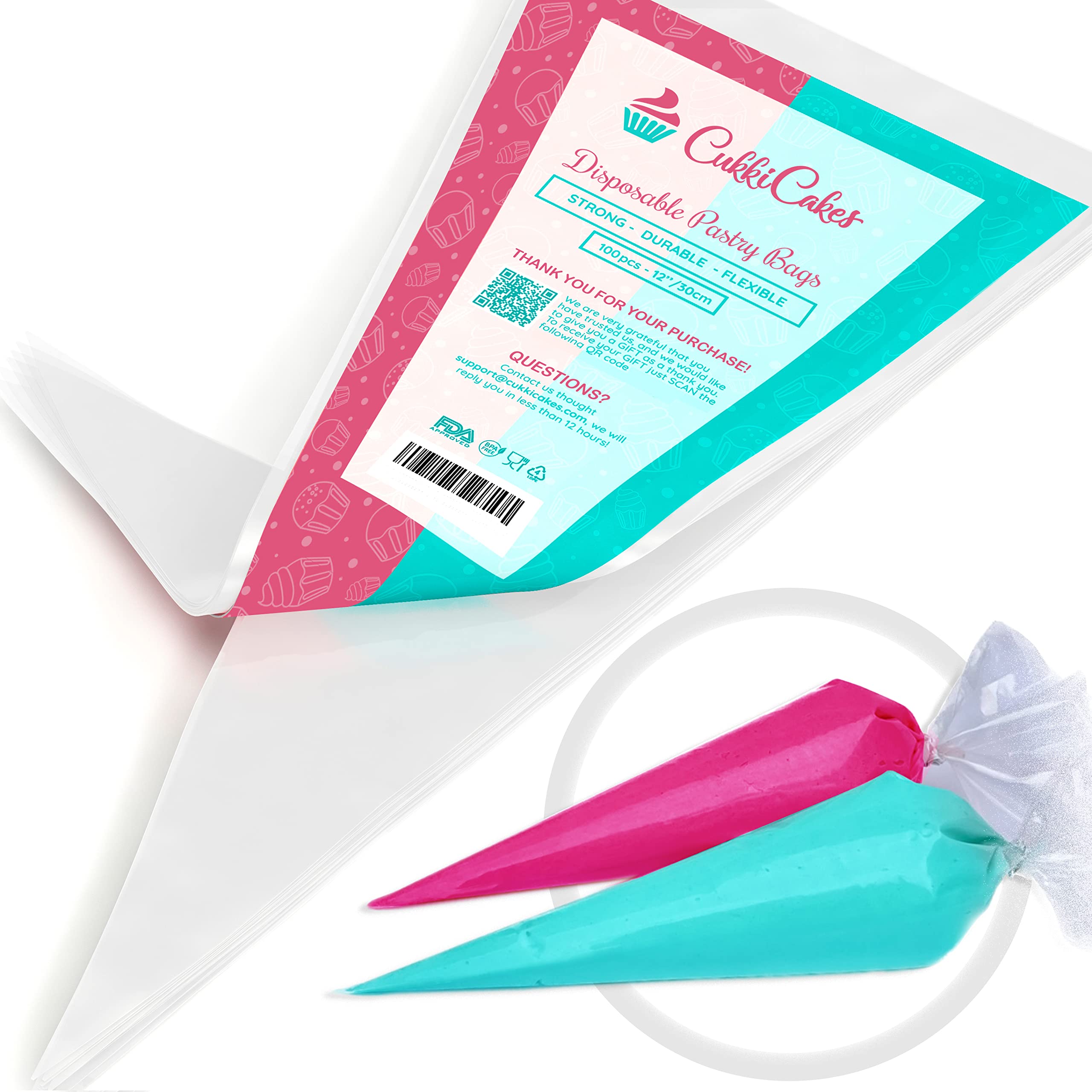 CukkiCakes 200pcs 12'' Disposable Piping Bags - Icing Bags 100% Recyclable - Pastry Bag with Extra Thick Layer (0.08mm) for Cake Decoration