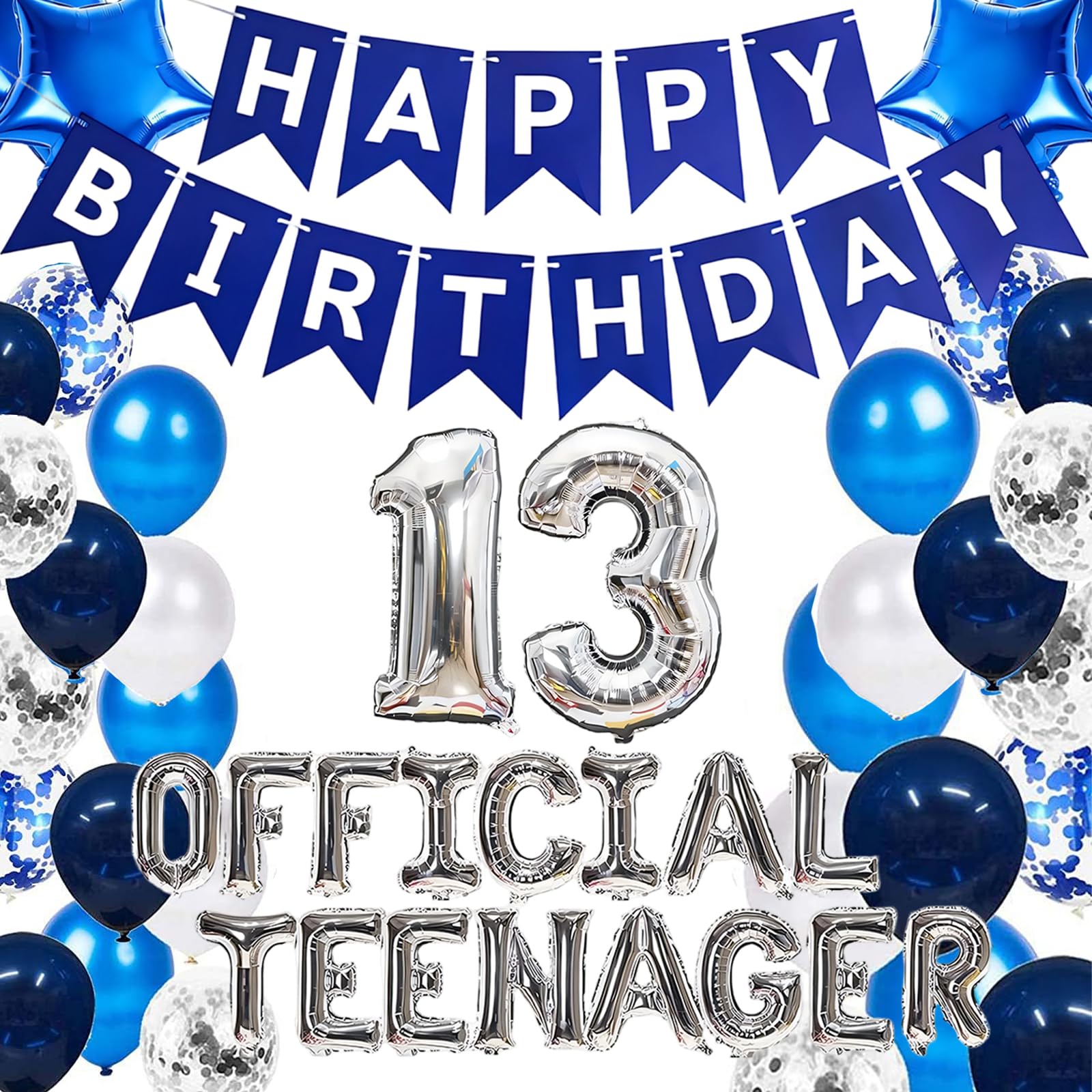 13th Birthday Decorations, 13th Birthday Decorations Boy, Foil Balloon Hanging Swirls Silver Latex BalloonsColorful Celebration Supplies for Teen Parties, Festive Room Decor(Blue)