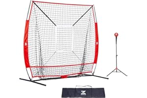 ZELUS Baseball net and tee, 5x5ft/ 7x7ft Baseball Net for Hitting and Pitching, Portable Indoor Outdoor Batting Practice Net with Carry Bag Ball Caddy & Baseballs
