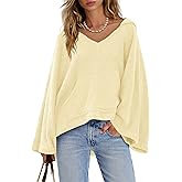 Yanekop Womens V Neck Sweatshirt Oversized Hoodies Pullover Bell Sleeve Tops Trendy Loose Fit Sweatshirt with Pocket