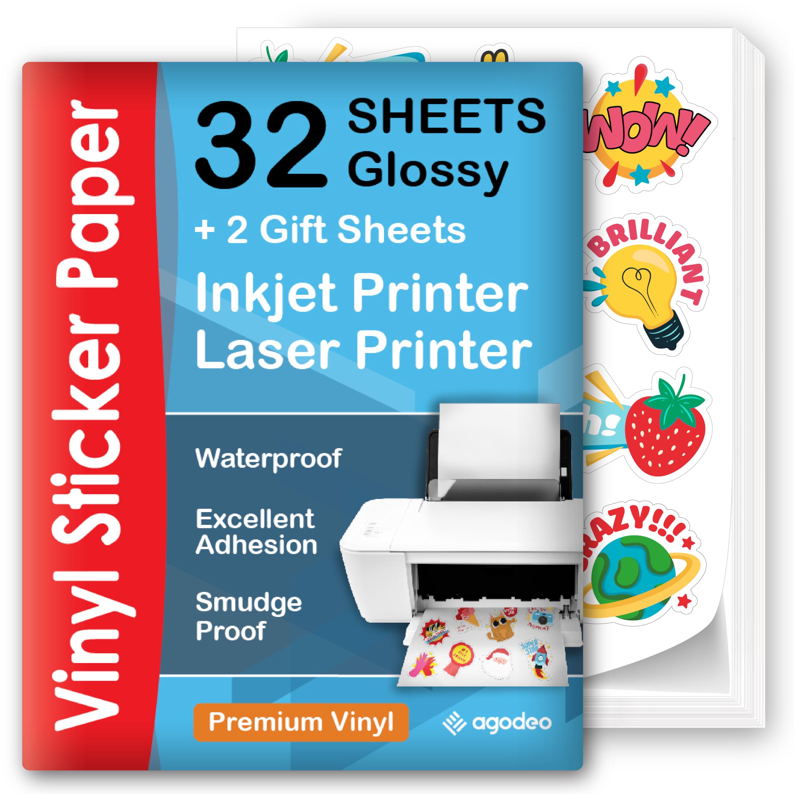 Premium Printable Vinyl Sticker Paper - 32 Sheets - Glossy A4 - Waterproof - Laser & Inkjet Vinyl Sticker Paper - Printable Sticker Paper - for Cricut (32)