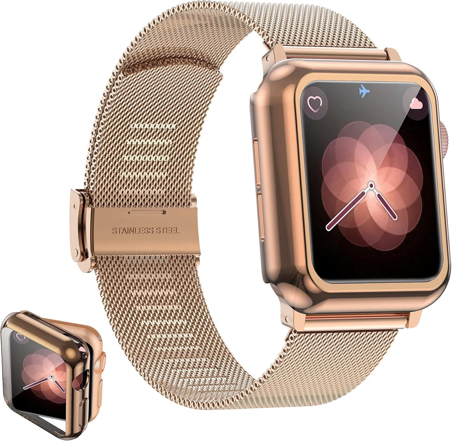 Girovo Compatible with Apple Watch Bands 38mm Women Men, Stainless Steel Mesh iWatch Bands with Screen Protector Case Cover Accessories for Apple Watch Band Series 3 Series 2 Series 1, Gold