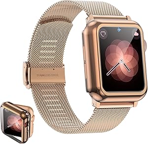 Girovo Compatible with Apple Watch Bands 38mm Women Men, Stainless Steel Mesh iWatch Bands with Screen Protector Case Cover Accessories for Apple Watch Band Series 3 Series 2 Series 1, Gold