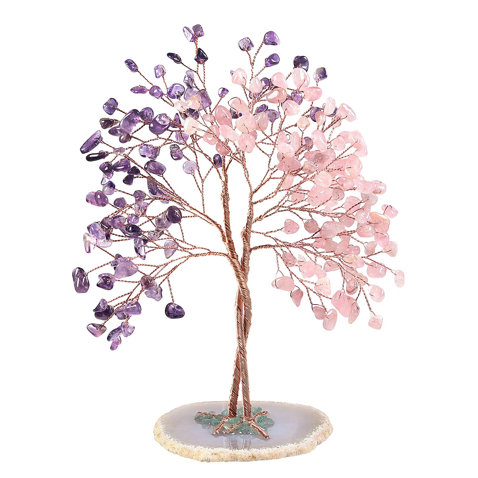 mookaitedecor Amethyst & Rose Quartz Crystal Tree of Life Healing Crystal Money Tree with Agate Slice Base, Crystal Bonsai Tree Good Luck Crystal Gift for Women Feng Shui Ornament Wedding Gift