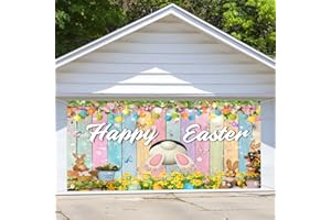 COVEIMES Easter Garage Door Decoration, Happy Easter Bunny Garage Door Banner, Farmhouse Colorful Wooden Board with Hanging Eggs Decor, Cute Background Decal for Outdoor Indoor Hanging Party Supplies